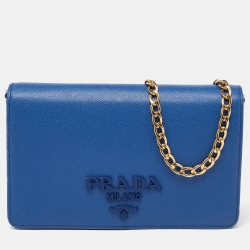 Pre Owned Prada Blue Saffiano Leather Wallet on Chain
