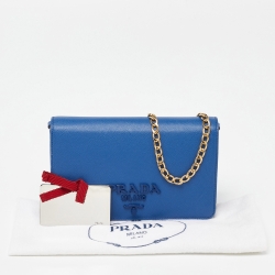 Pre Owned Prada Blue Saffiano Leather Wallet on Chain
