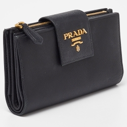 Prada Black Saffiano Metal Leather Compact Wallet