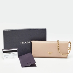 مملوكة مسبقًا Prada Beige Saffiano Metal Leather Logo Flap Wallet On Chain