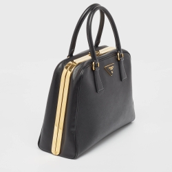 Prada Black Saffiano Lux Leather Pyramid Frame Satchel