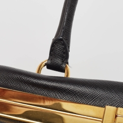 Prada Black Saffiano Lux Leather Pyramid Frame Satchel