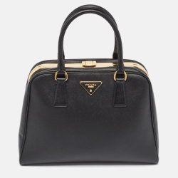 Prada Black Saffiano Lux Leather Pyramid Frame Satchel