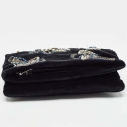 Pre Owned Prada Black Velvet Crystals Embellished Fold Over Clutch