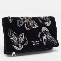 Pre Owned Prada Black Velvet Crystals Embellished Fold Over Clutch