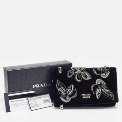Pre Owned Prada Black Velvet Crystals Embellished Fold Over Clutch