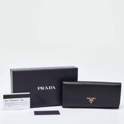 Pre Owned Prada Black Saffiano Metal Leather Logo Flap Continental Wallet