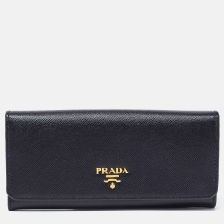 Pre Owned Prada Black Saffiano Metal Leather Logo Flap Continental Wallet