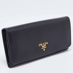 Pre Owned Prada Black Saffiano Metal Leather Logo Flap Continental Wallet