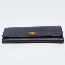 Pre Owned Prada Black Saffiano Metal Leather Logo Flap Continental Wallet