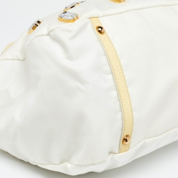 Pre Owned Prada Light Yellow/Cream Nylon and Patent Leather Crystals Embellished Tote
