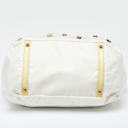 Pre Owned Prada Light Yellow/Cream Nylon and Patent Leather Crystals Embellished Tote