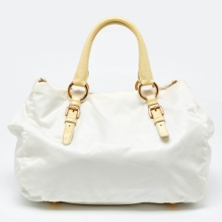 Pre Owned Prada Light Yellow/Cream Nylon and Patent Leather Crystals Embellished Tote