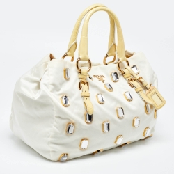 Pre Owned Prada Light Yellow/Cream Nylon and Patent Leather Crystals Embellished Tote