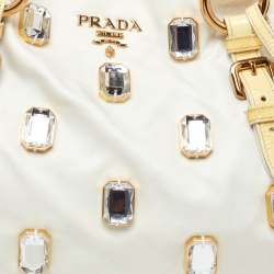 Pre Owned Prada Light Yellow/Cream Nylon and Patent Leather Crystals Embellished Tote