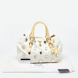 Pre Owned Prada Light Yellow/Cream Nylon and Patent Leather Crystals Embellished Tote
