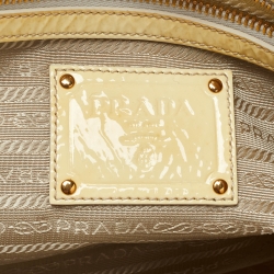 Pre Owned Prada Light Yellow/Cream Nylon and Patent Leather Crystals Embellished Tote