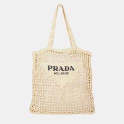 Pre Owned Prada Beige Raffia Crochet Tote Bag