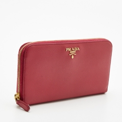 Pre Owned Prada Fuchsia Saffiano Metal Leather Logo Zip Around Wallet