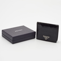 Pre Owned Prada Black Glossy Triangle Quilt Leather Flap Card Case 