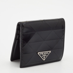 Pre Owned Prada Black Glossy Triangle Quilt Leather Flap Card Case 