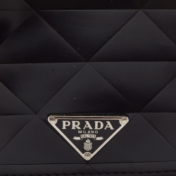 Pre Owned Prada Black Glossy Triangle Quilt Leather Flap Card Case 
