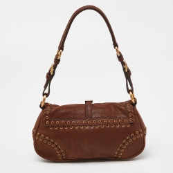 Pre Owned Prada Brown Leather Whipstitch Grommet Baguette Bag