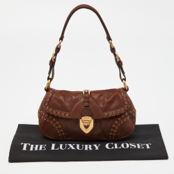 Pre Owned Prada Brown Leather Whipstitch Grommet Baguette Bag