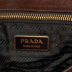 Pre Owned Prada Brown Leather Whipstitch Grommet Baguette Bag