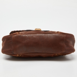 Pre Owned Prada Brown Leather Whipstitch Grommet Baguette Bag