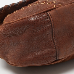 Pre Owned Prada Brown Leather Whipstitch Grommet Baguette Bag