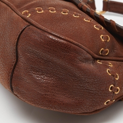 Pre Owned Prada Brown Leather Whipstitch Grommet Baguette Bag