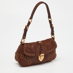 Pre Owned Prada Brown Leather Whipstitch Grommet Baguette Bag