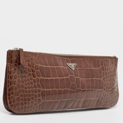 Pre Owned Prada Brown Crocodile Zip Long Pouch