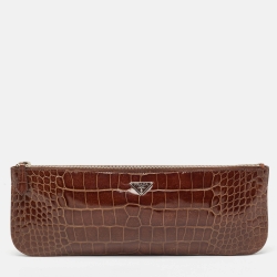 Pre Owned Prada Brown Crocodile Zip Long Pouch