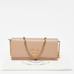 Pre Owned Prada Beige Vitello Move Leather Wallet on Chain