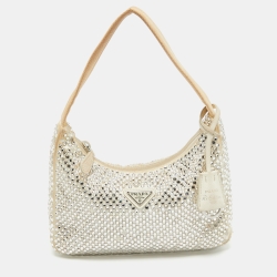 Pre Owned Prada White Satin Crystal Embellished Re-Edition 2000 Baguette Bag
