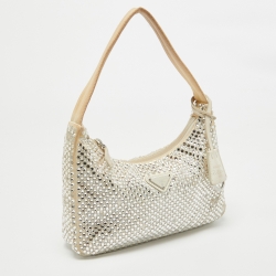 Pre Owned Prada White Satin Crystal Embellished Re-Edition 2000 Baguette Bag