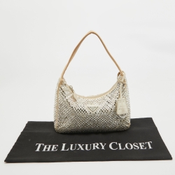 Pre Owned Prada White Satin Crystal Embellished Re-Edition 2000 Baguette Bag