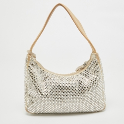 Pre Owned Prada White Satin Crystal Embellished Re-Edition 2000 Baguette Bag