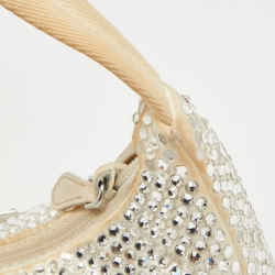 Pre Owned Prada White Satin Crystal Embellished Re-Edition 2000 Baguette Bag