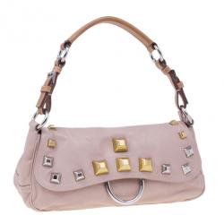 Pre Owned Prada Pink Leather Studded Shoulder Bag