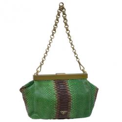 Pre Owned Prada Green and Brown Python Framed Shoulder Bag