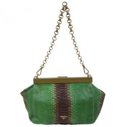 Pre Owned Prada Green and Brown Python Framed Shoulder Bag