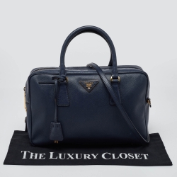 Pre Owned Prada Blue Saffiano Lux Leather Boston Bag