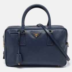Pre Owned Prada Blue Saffiano Lux Leather Boston Bag