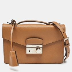 Pre Owned Prada Brown Saffiano Lux Leather Sound Flap Top Handle Bag