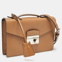 Pre Owned Prada Brown Saffiano Lux Leather Sound Flap Top Handle Bag