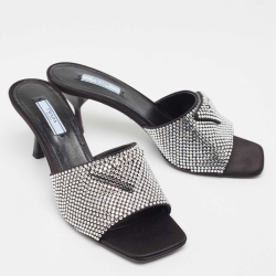 Prada Black Satin Crystal Embellished Slide Sandals Size 40