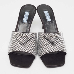 Prada Black Satin Crystal Embellished Slide Sandals Size 40